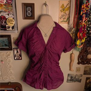 Vintage Ruched Puff Sleeve Button Up Shirt Women's Medium/Large Purple Pink